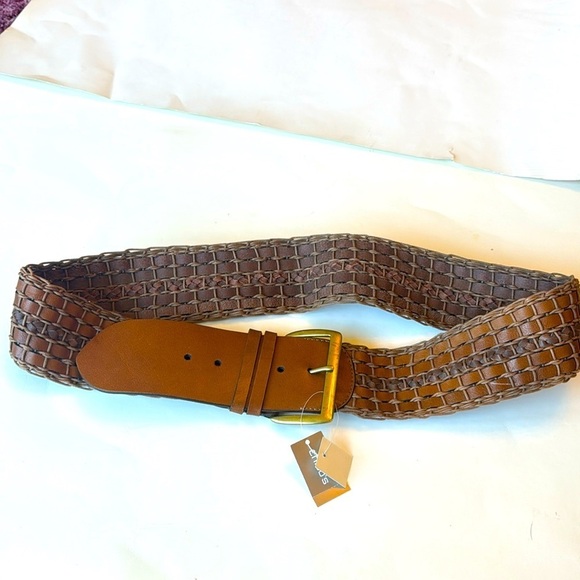 NWT Chicos Wide Brown Woven Leather Primitive Morgan Chocolate Belt L